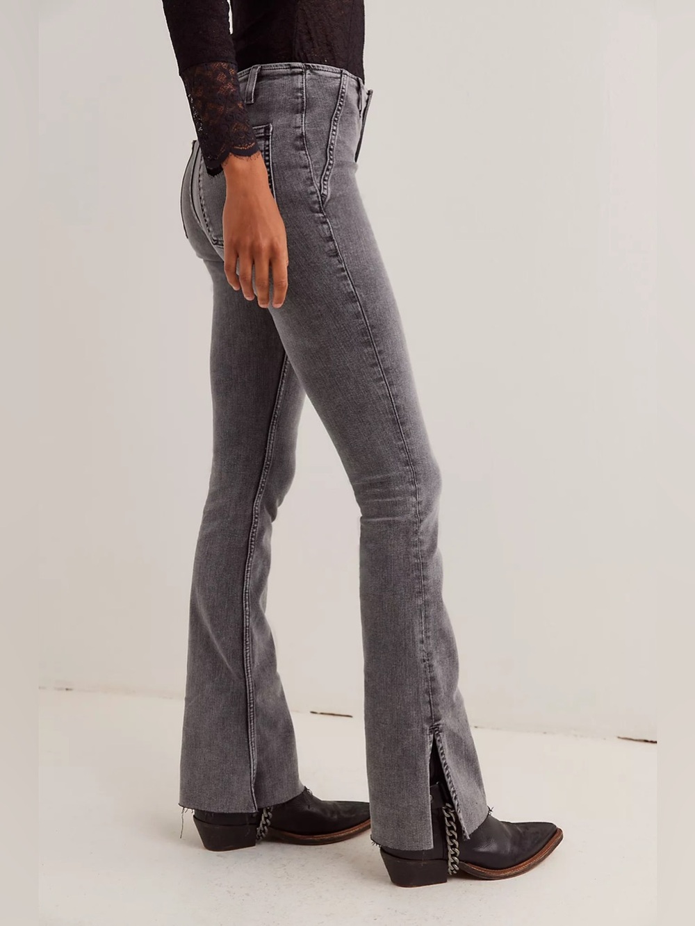 Free People We The Free Level Up Slit Slim Flare Jeans — Grey Wash Denim
